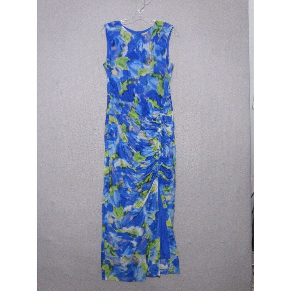 Taylor Dress 10 Blue Floral Mesh Ruched Maxi Side Slit Bodycon Wedding Guest